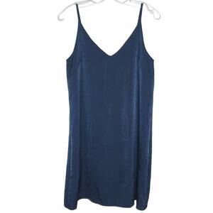 Aqua Satin Tunic Mini Dress, V-Neck Flowy Spaghetti Straps, Party Navy Blue XS